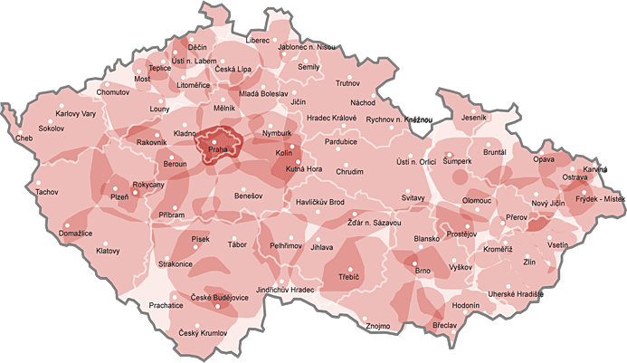 pokrytí regionů zásahovými vozy - zákres na mapě ČR
